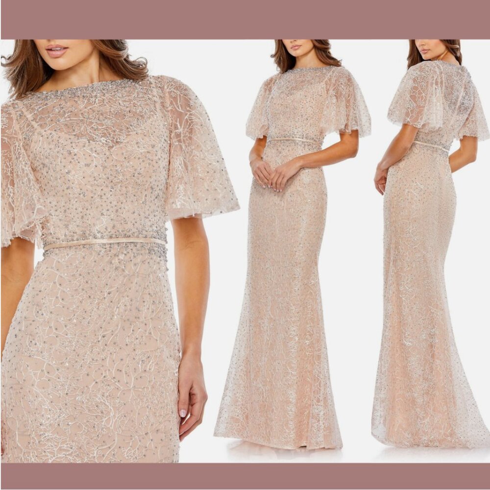 NWT‎ $698 Mac Duggal [ 4 ] Embellished Neck Butterfly Sleeve Trumpet Gown #Q669